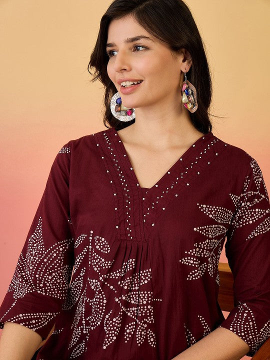 Pure Cotton Kurta Set with Moti Handwork & Discharge Print