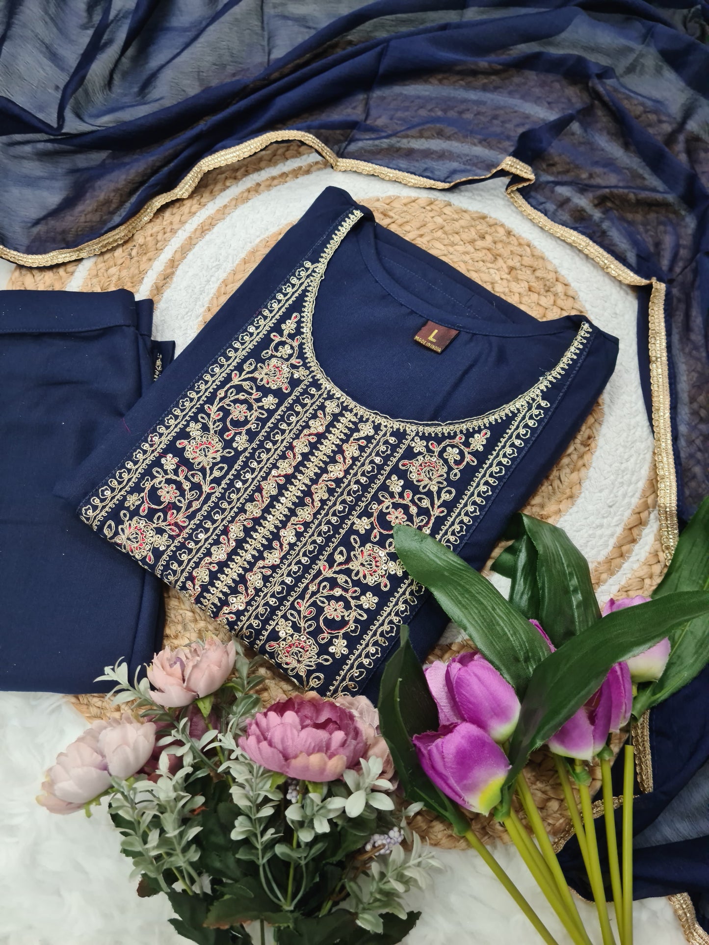 Rayon Slub Embroidered Kurti Set with Chinon Dupatta