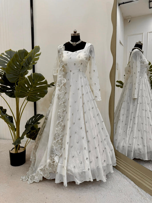 Designer Chinon Anarkali Suit Set with Dupatta – Off White
