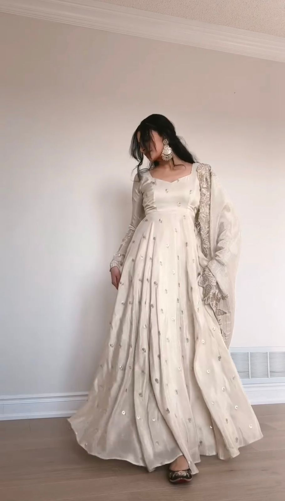 Designer Chinon Anarkali Suit Set with Dupatta – Off White