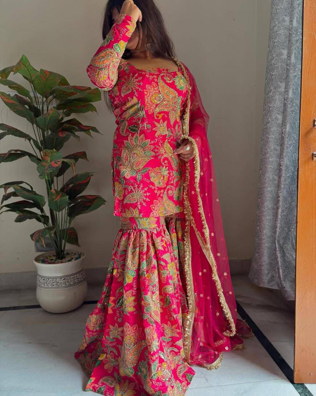 Designer Chinon Sharara Suit Set with Embroidery Work
