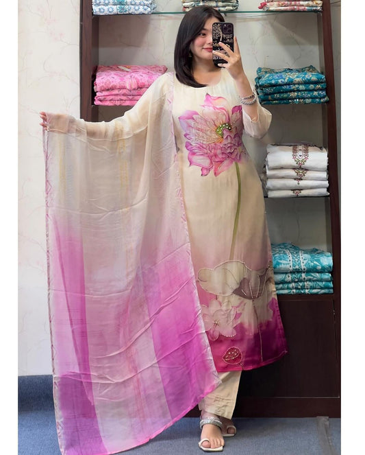 Elegant Cream Muslin Silk Kurti Set with Hand & Moti Work
