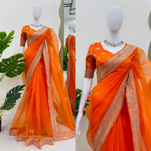 Designer Organza Silk Saree with Embroidery & LCD Diamond Work