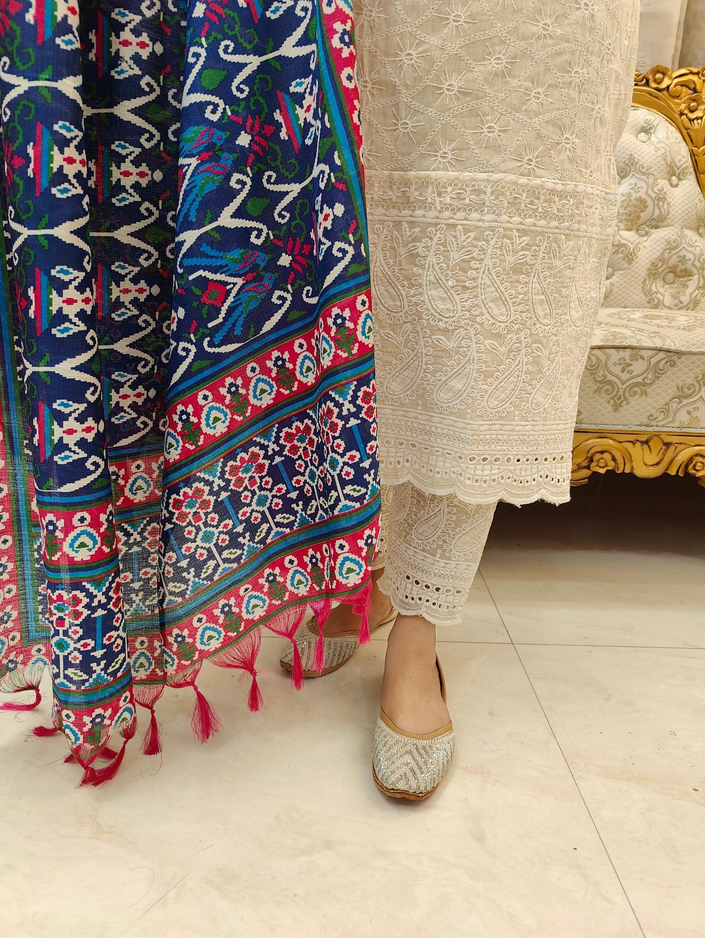 Elegant Off-White Chikankari Cotton Kurta Set with Art Silk Dupatta