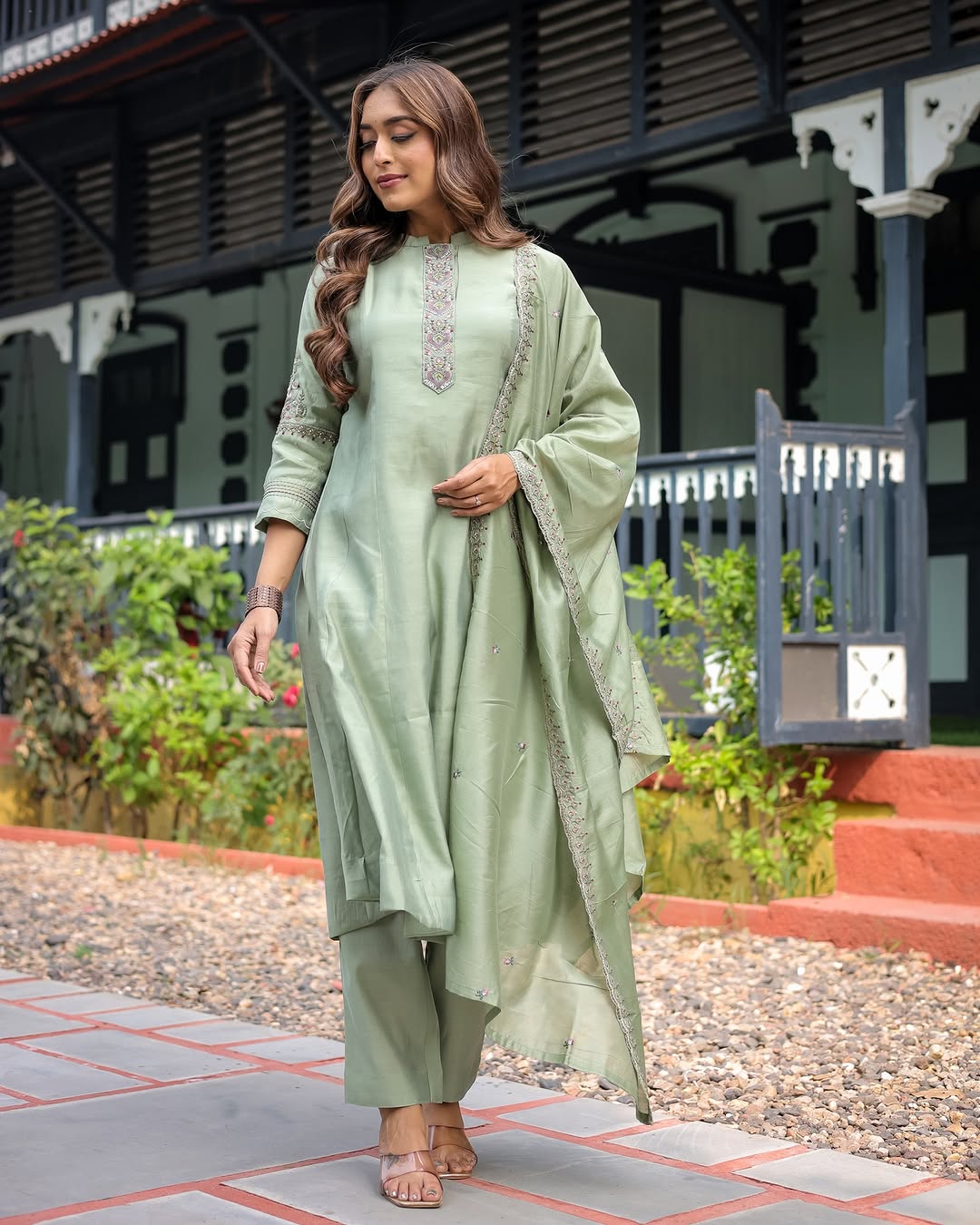Elegant Pista Green Muslin Silk Suit Set with Embroidery & Chanderi Dupatta