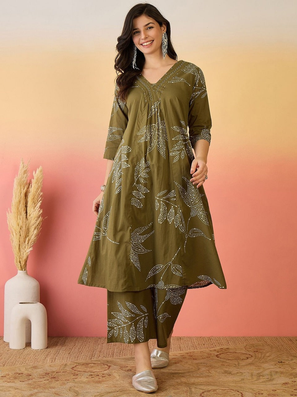 Pure Cotton Kurta Set with Moti Handwork & Discharge Print