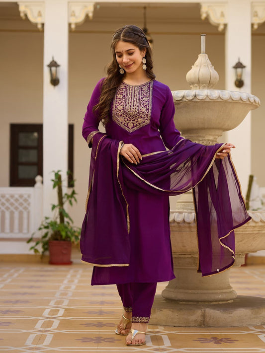 Rayon Slub Embroidered Kurti Set with Chinon Dupatta
