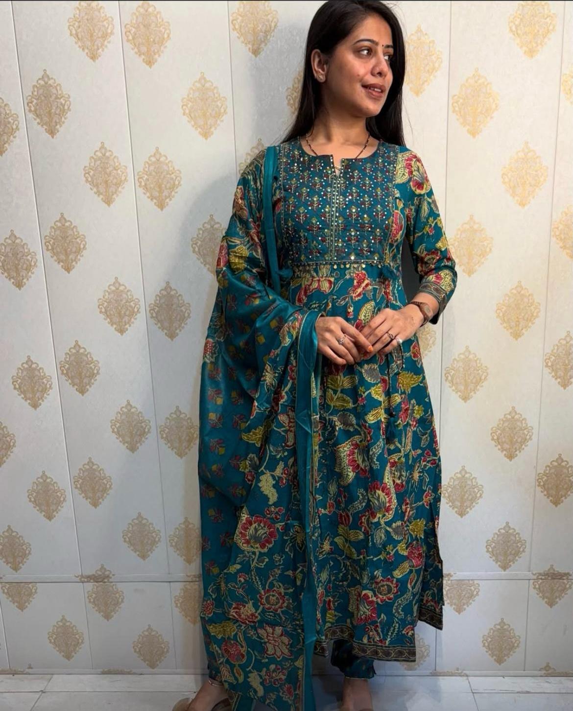 Elegant Cotton Anarkali Kurta Set with Embroidered Work – Blue