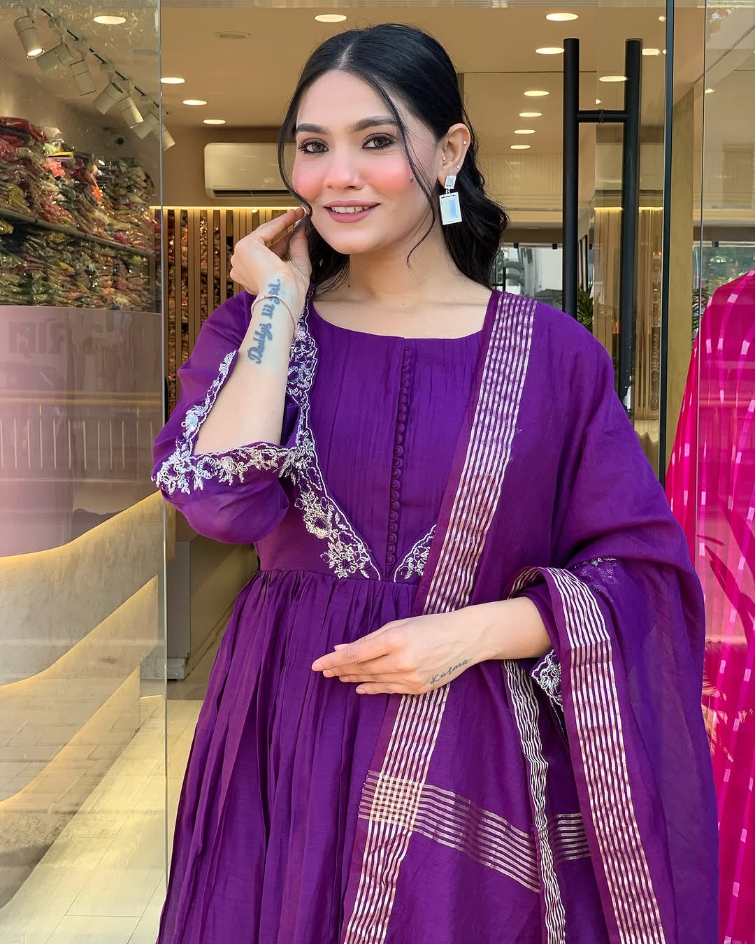 Elegant Purple Viscose Chinon Embroidered Suit Set with Chanderi Dupatta