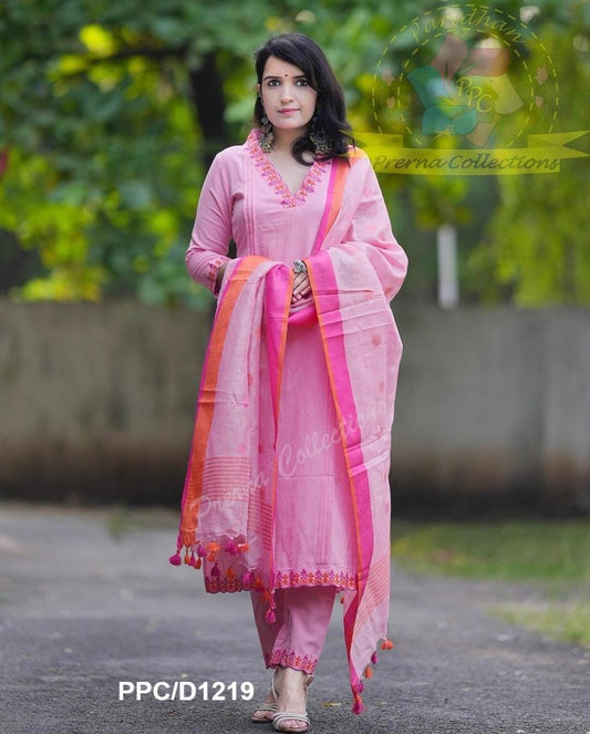 Handloom Cotton Kurti Set with Embroidery & Linen Dupatta