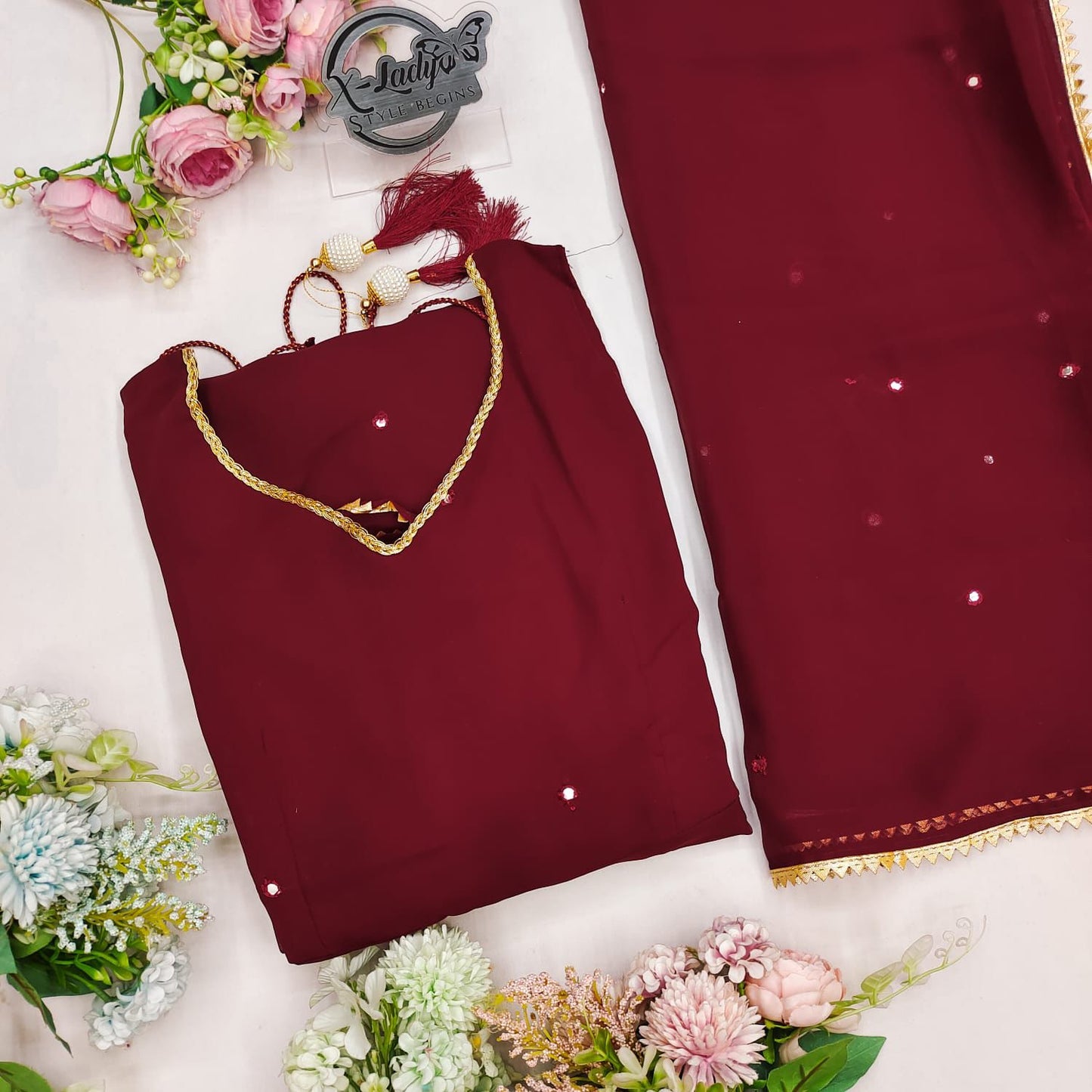 Embroidered Georgette Anarkali Gown with Dupatta – Maroon