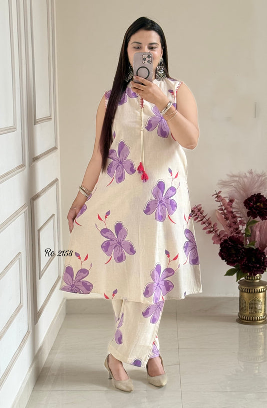 Floral Cotton Khadi Kurti Palazzo Set – Heavy Flex Fabric
