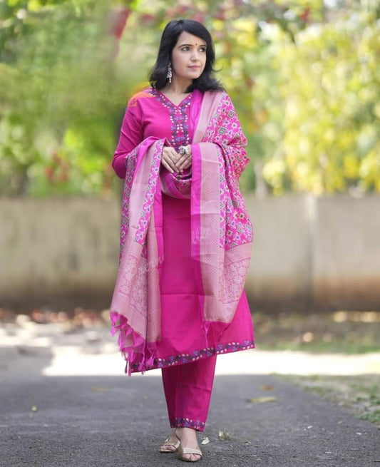 Elegant Handloom Cotton Embroidered Suit Set with Banarasi Khadi Silk Dupatta