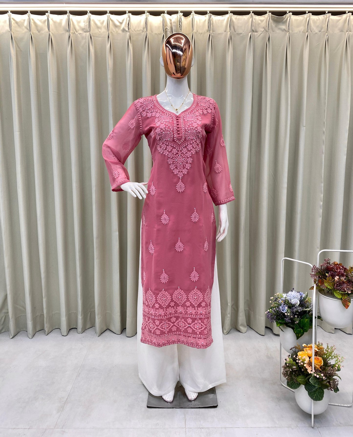Designer Georgette Embroidered Top with Plazo Set