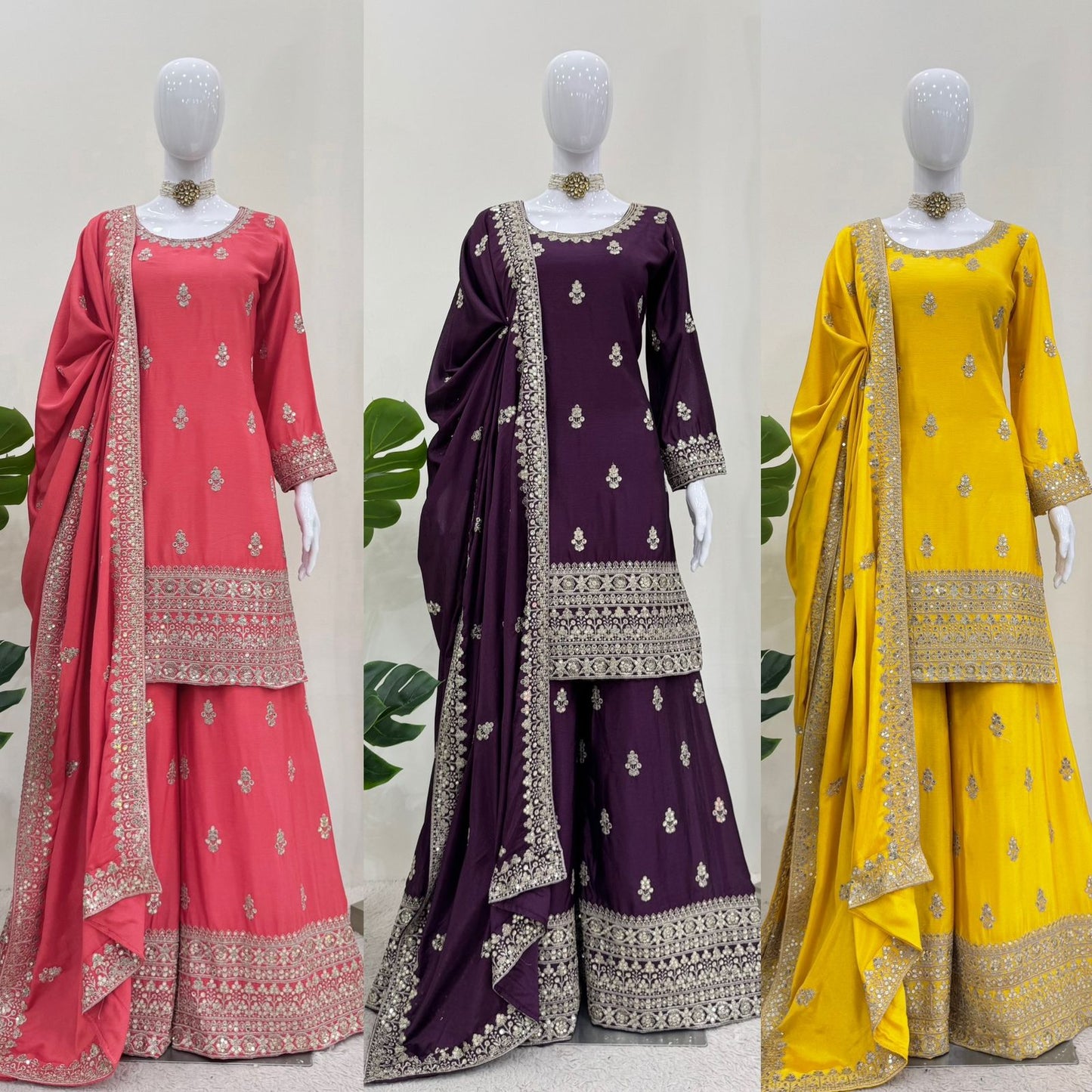 Designer Chinon Silk Kurti Plazo Dupatta Set