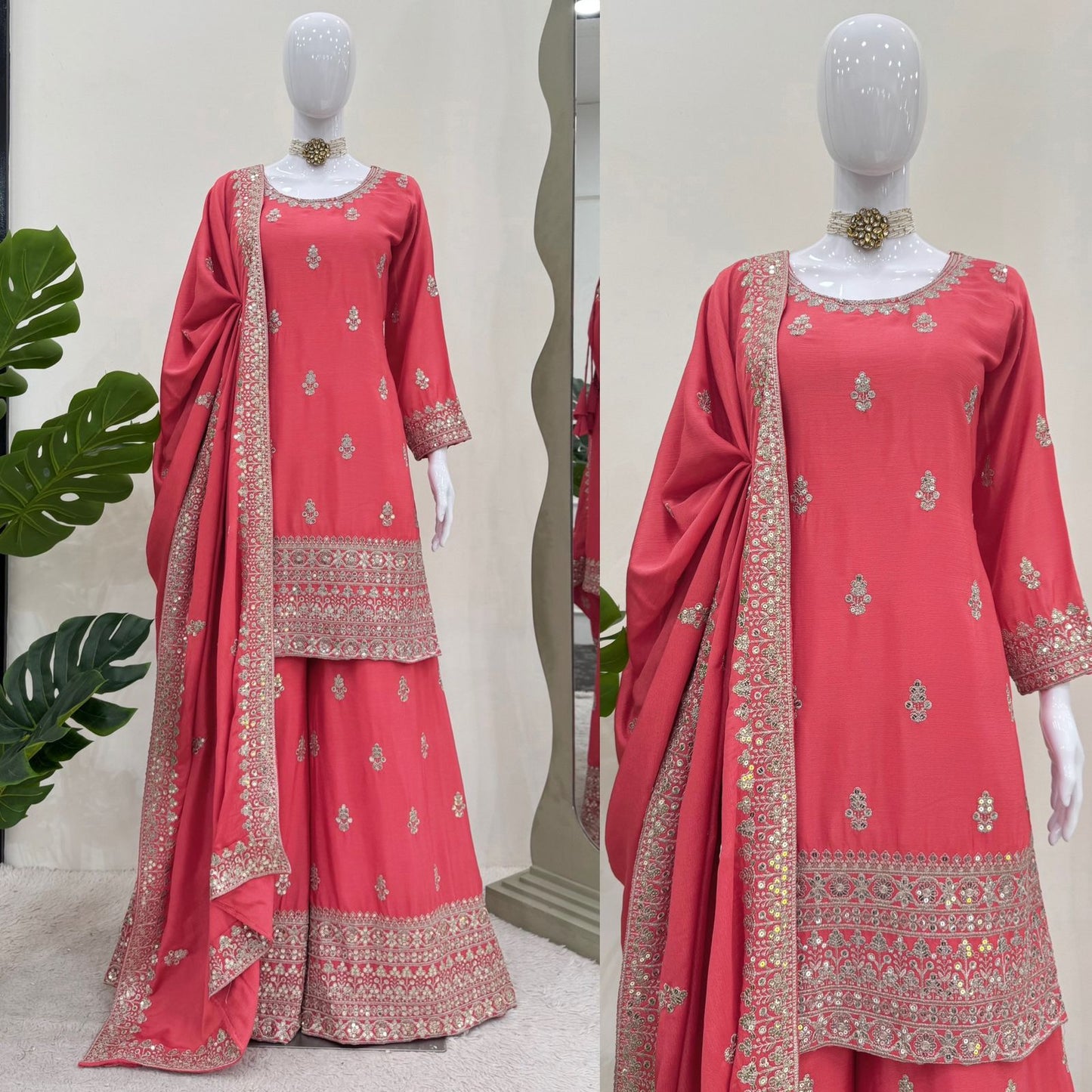 Designer Chinon Silk Kurti Plazo Dupatta Set