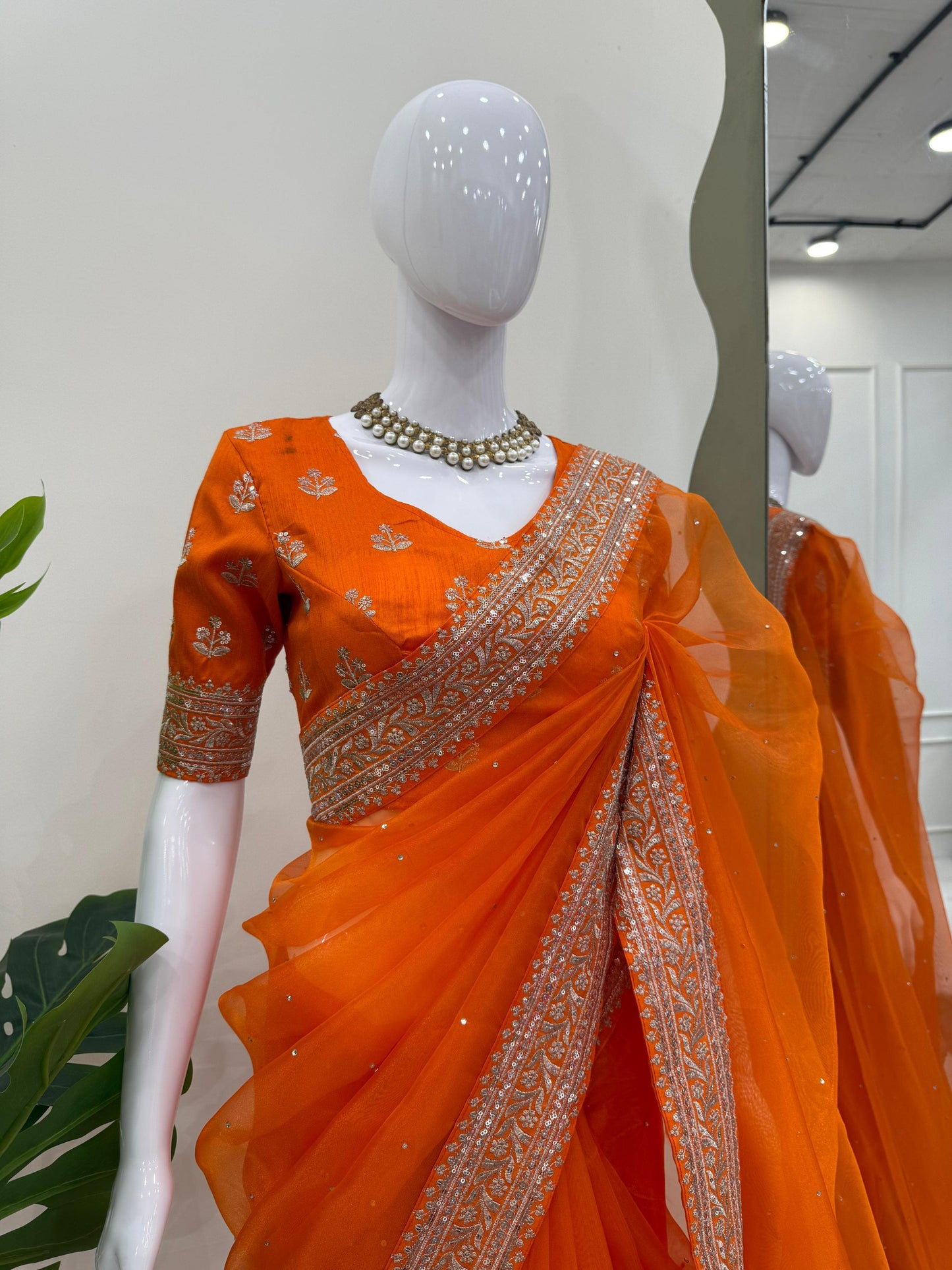 Designer Organza Silk Saree with Embroidery & LCD Diamond Work