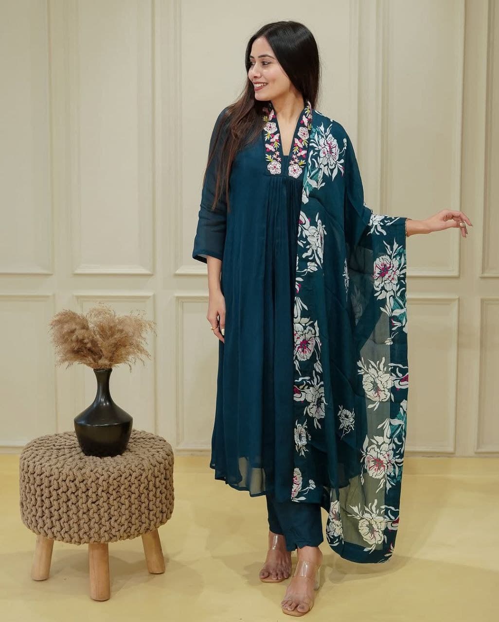 Dark Blue Heavy Chinon Embroidered Kurti Set with Dupatta
