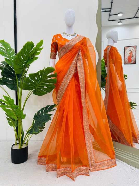 Designer Organza Silk Saree with Embroidery & LCD Diamond Work