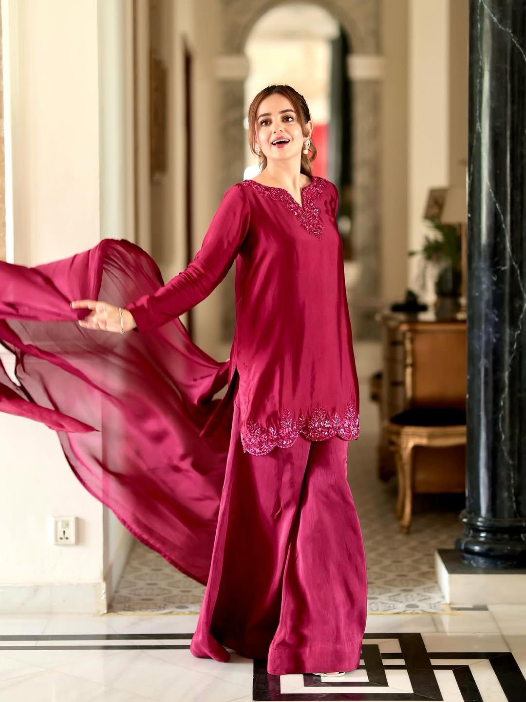 Designer Maroon Sharara Set with Embroidery Work