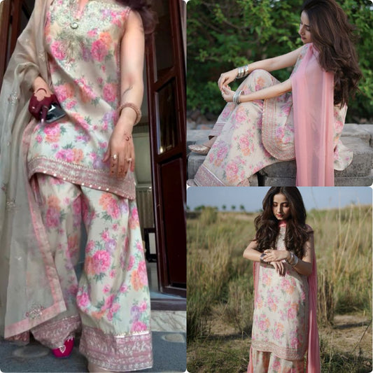 Pink Floral Georgette Party Suit Set with Farshi Palazzo & Dupatta