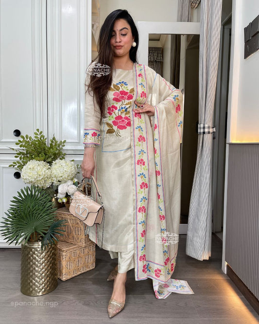 Muslin 3-Piece Kurta Set with Printed Dupatta – Off White