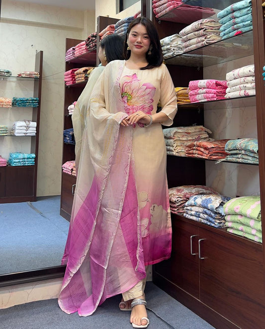 Elegant Cream Muslin Silk Kurti Set with Hand & Moti Work
