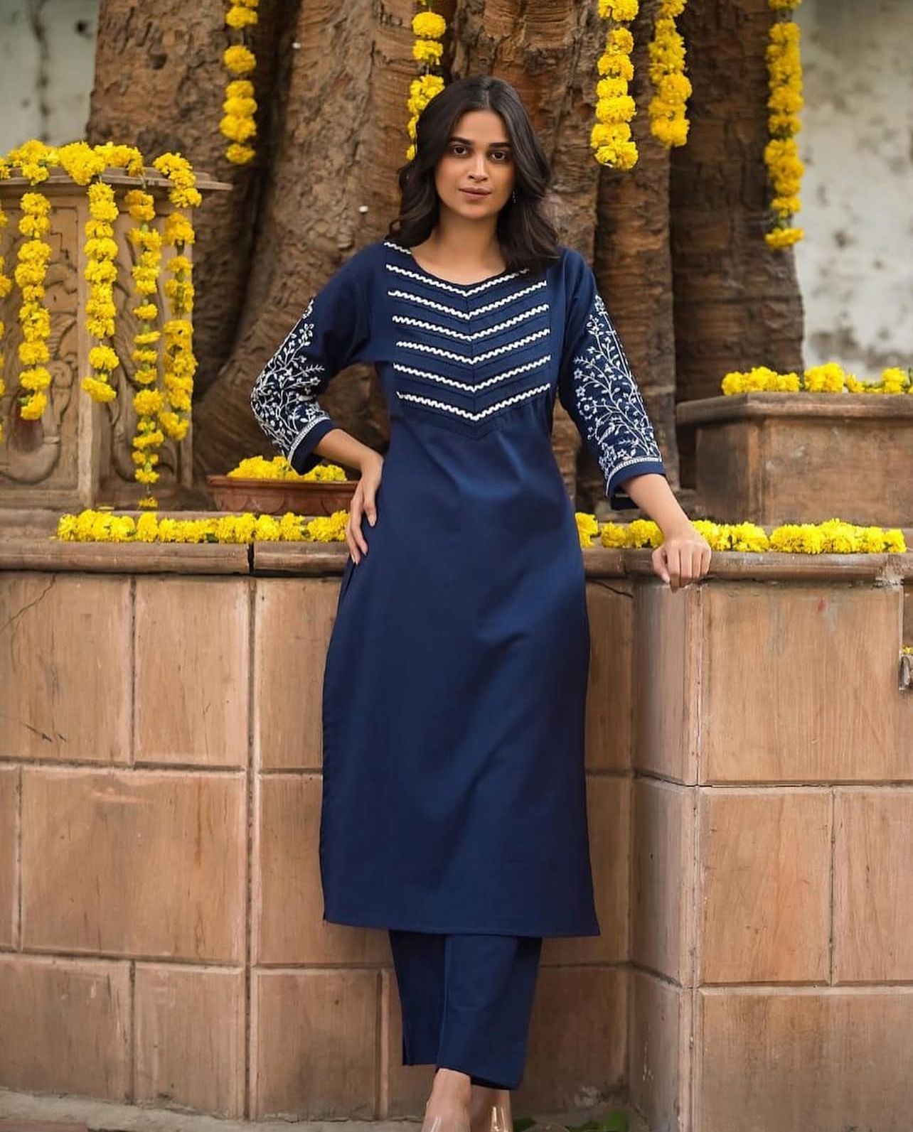 Embroidered Cotton Kurti Pant Set for Women