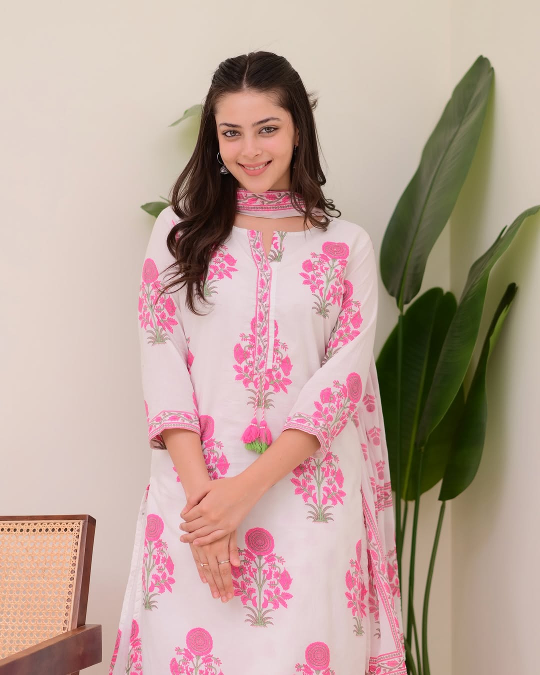 Floral Cotton Kurti Set with Palazzo & Dupatta
