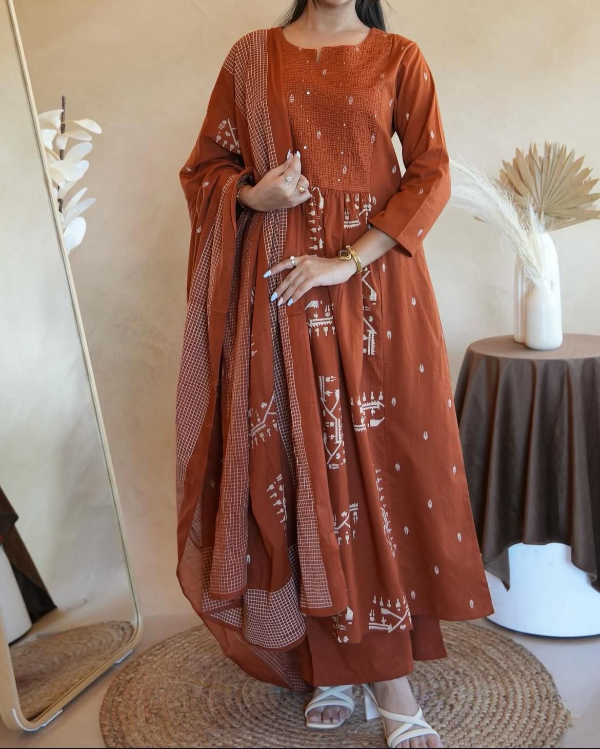 Embroidered Cotton Anarkali Suit Set with Dupatta