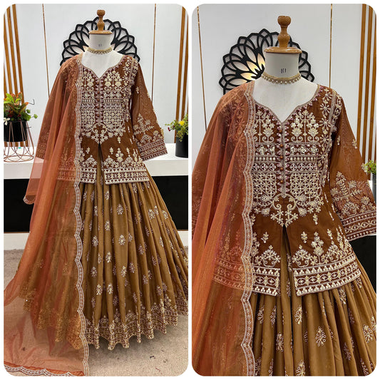 Designer Brown Embroidered Top & Lehenga Set for Women