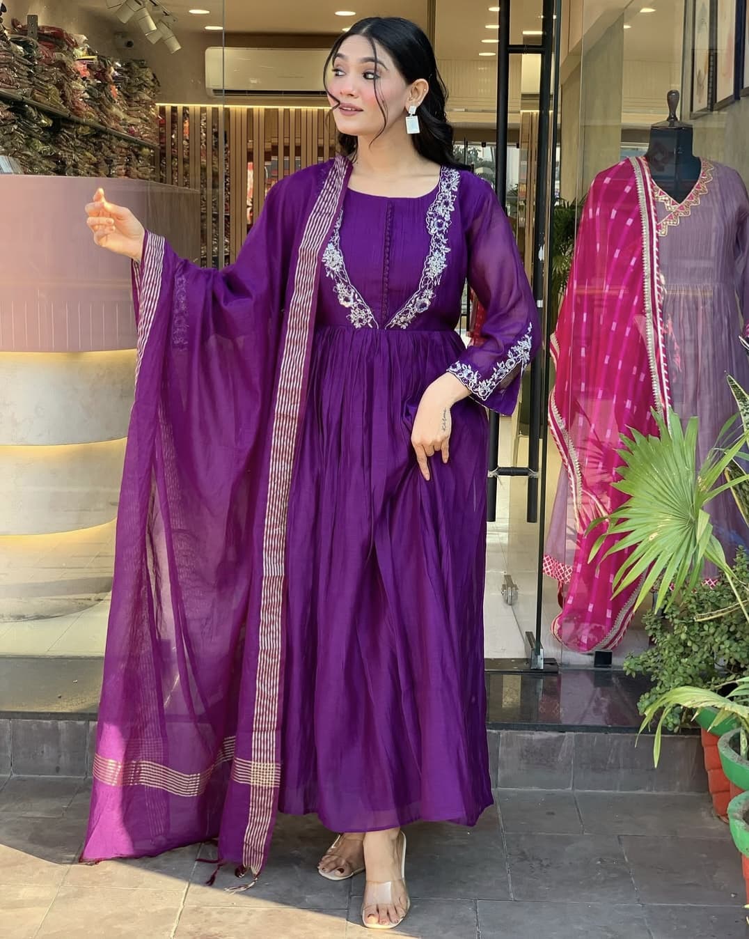 Elegant Purple Viscose Chinon Embroidered Suit Set with Chanderi Dupatta