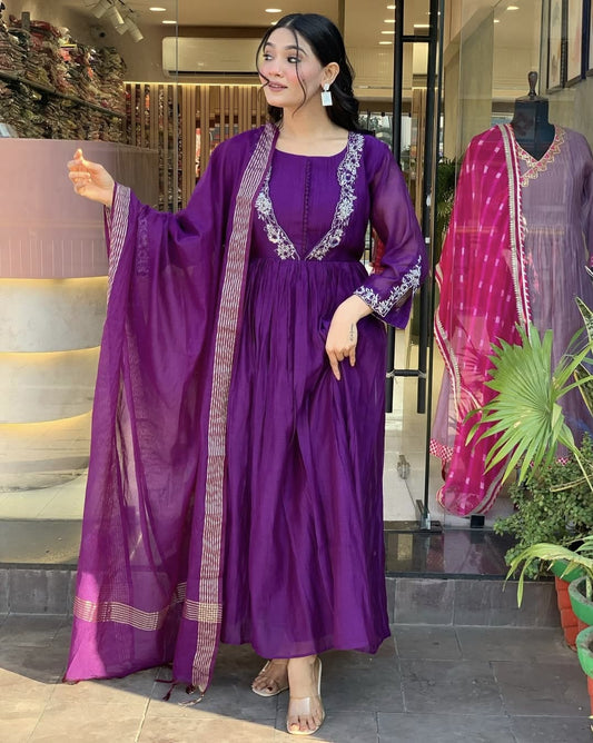 Elegant Purple Viscose Chinon Embroidered Suit Set with Chanderi Dupatta