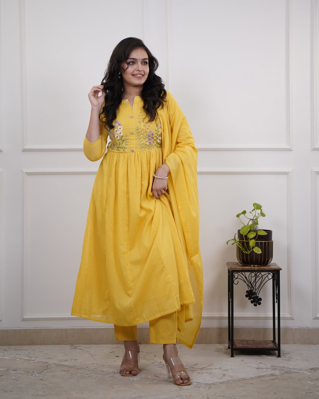 Embroidered Cotton Kurti Set with Pant & Dupatta