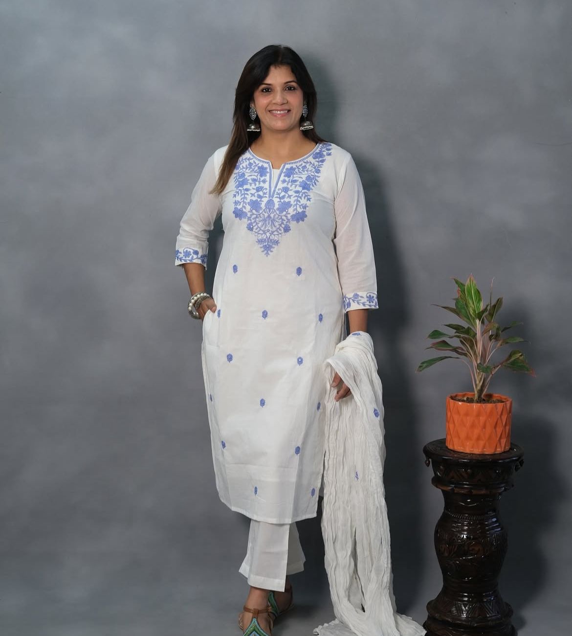 White Khadi Cotton Embroidered Suit Set with Dupatta