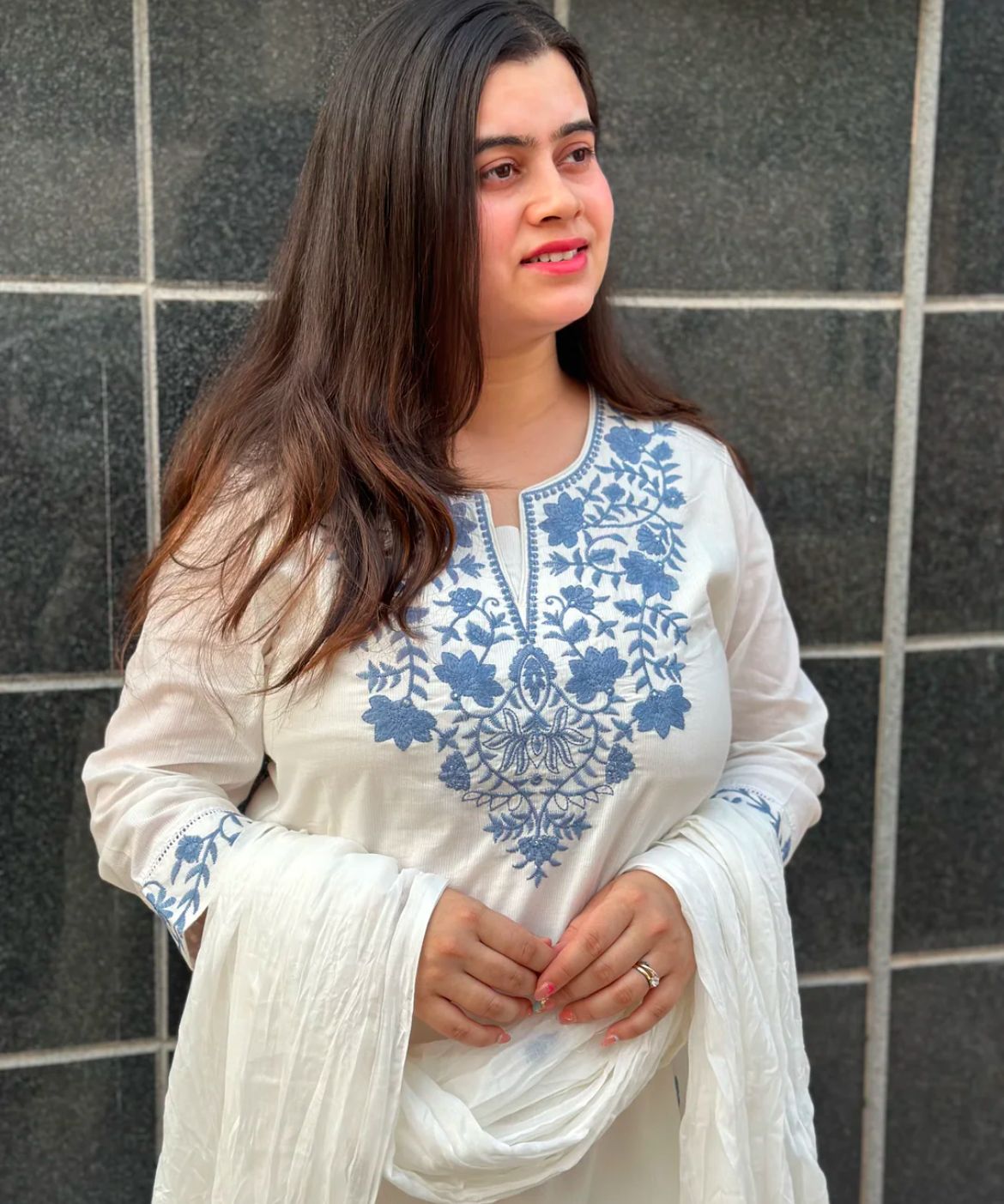 White Khadi Cotton Embroidered Suit Set with Dupatta