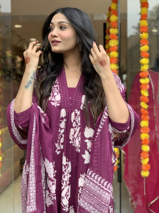 Elegant Cotton Anarkali Suit Set with Embroidery & Dupatta