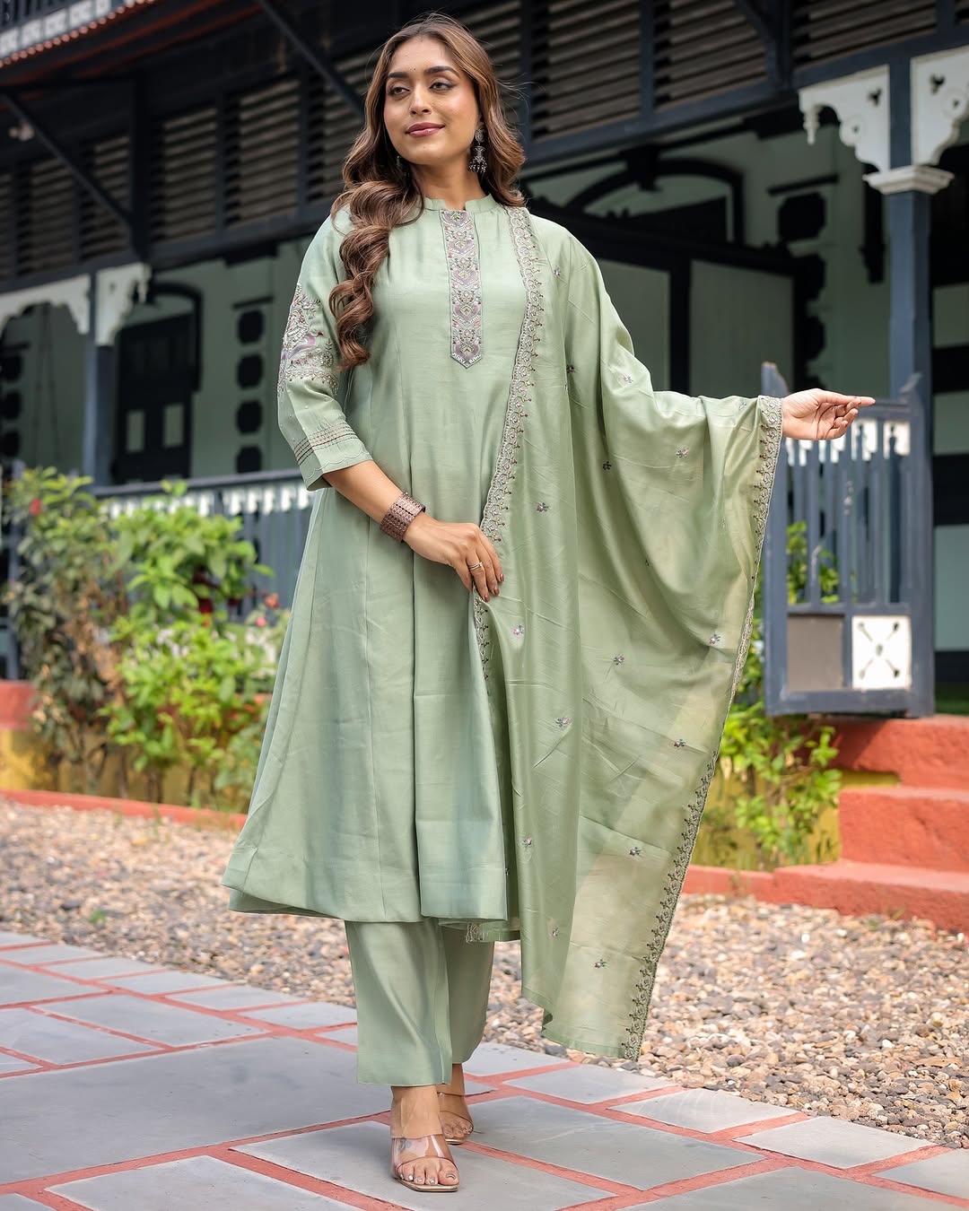 Elegant Pista Green Muslin Silk Suit Set with Embroidery & Chanderi Dupatta