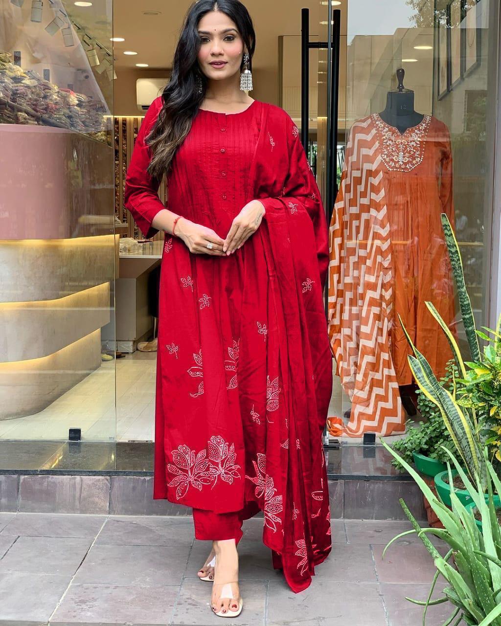 Premium Red Cotton Printed Suit Set with Lace Dupatta