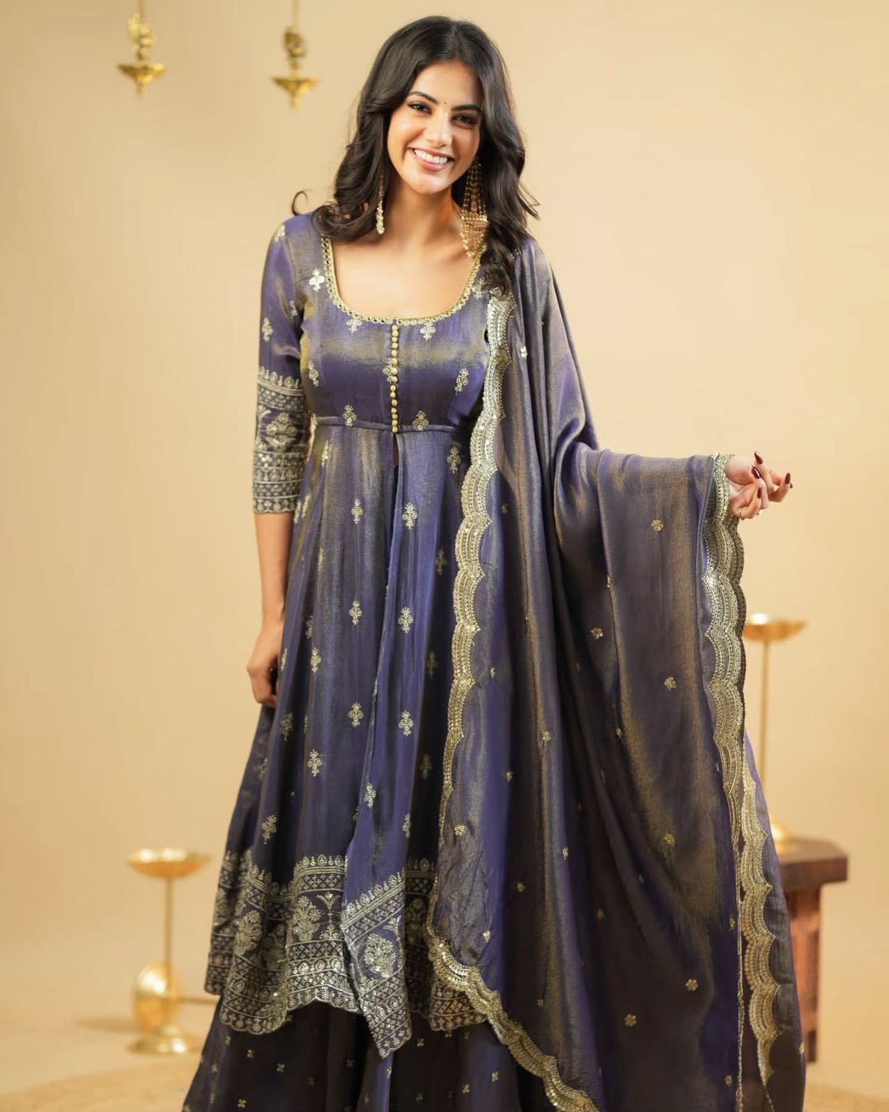 Designer Blue Shimmer Silk Suit with Lehenga & Dupatta – Embroidered Party Wear