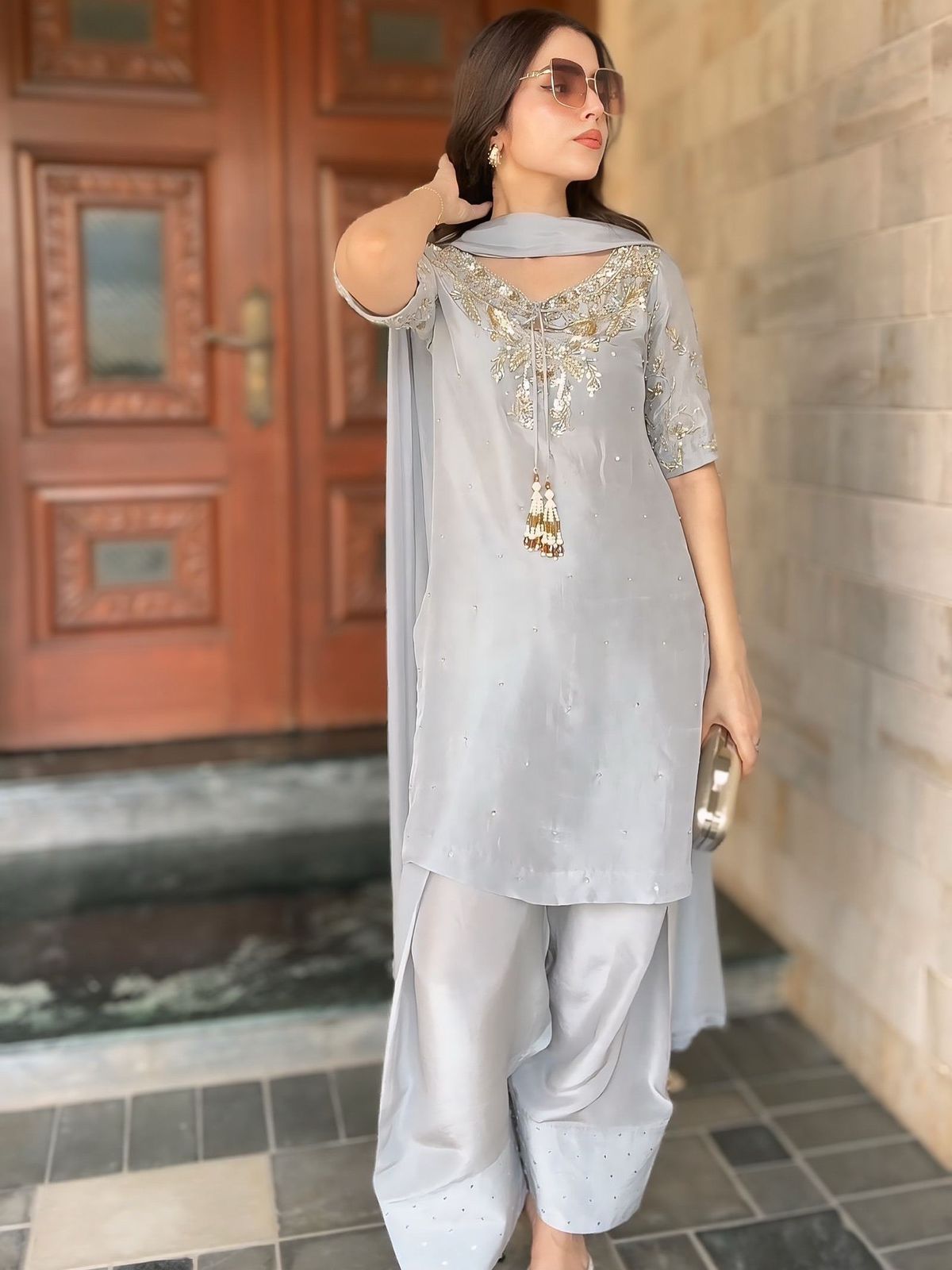 Designer Gray Crepe Farshi Palazzo Set with Dupatta