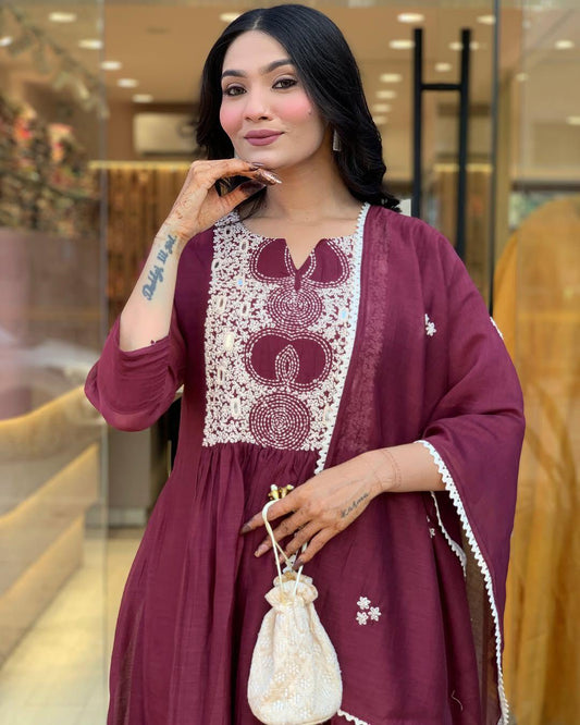 Elegant Maroon Cotton Anarkali Kurta Set with Embroidered Yoke