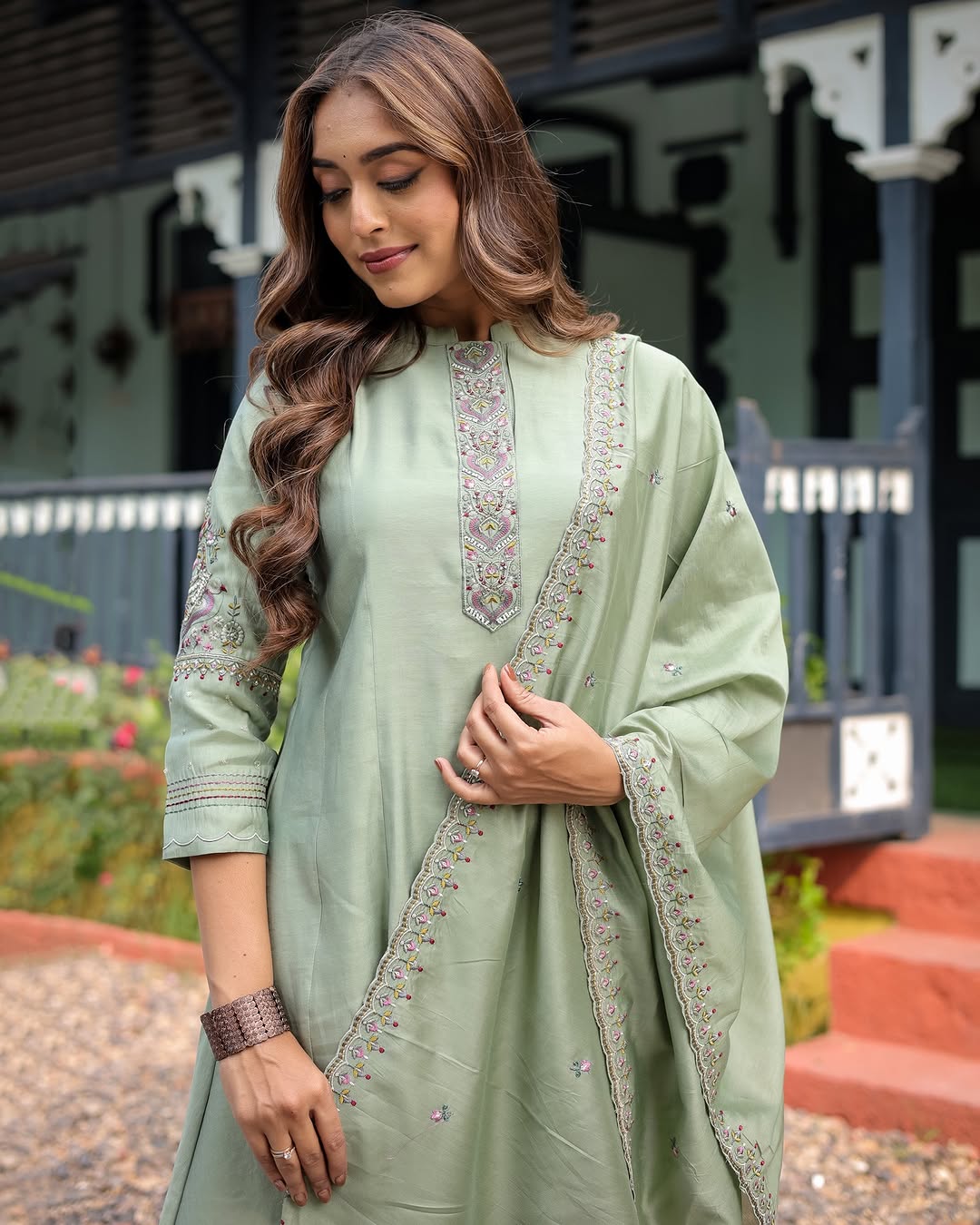 Elegant Pista Green Muslin Silk Suit Set with Embroidery & Chanderi Dupatta