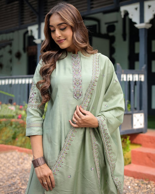 Elegant Pista Green Muslin Silk Suit Set with Embroidery & Chanderi Dupatta