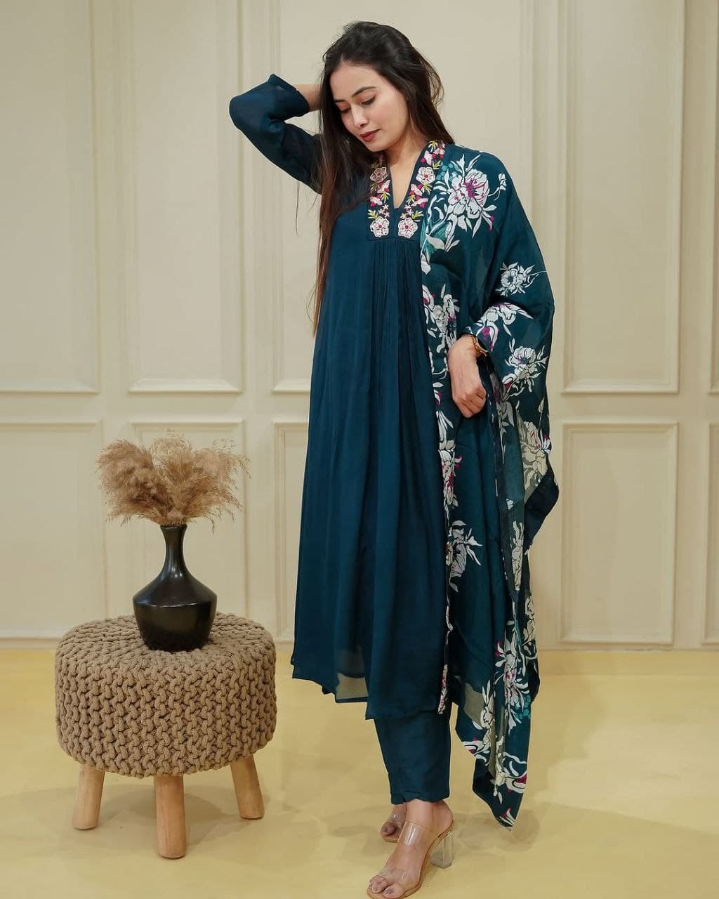 Dark Blue Heavy Chinon Embroidered Kurti Set with Dupatta