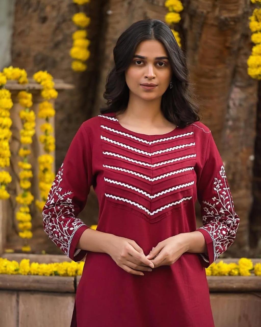 Embroidered Cotton Kurti Pant Set for Women