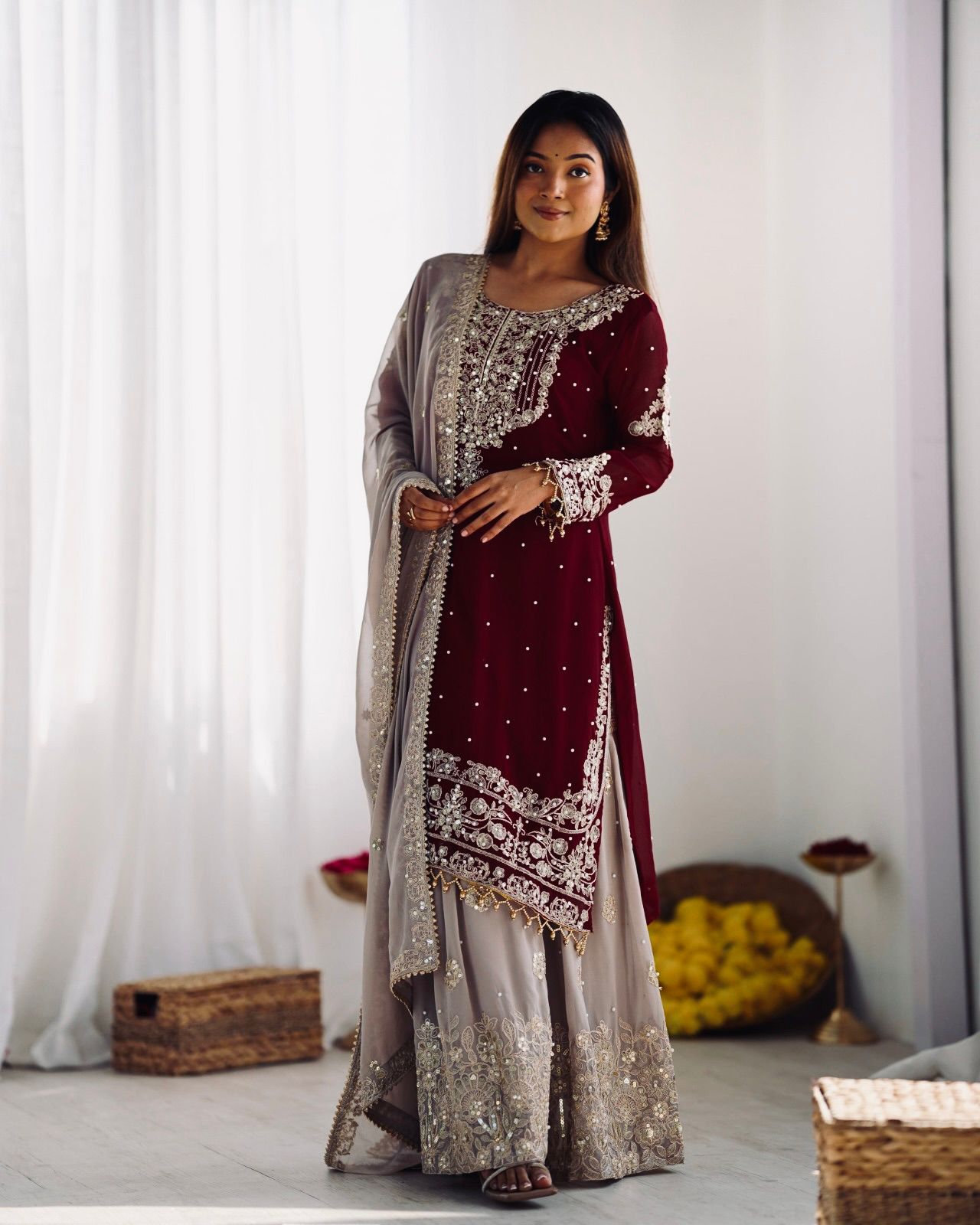 Designer Maroon Georgette Embroidered Suit Set with Dupatta