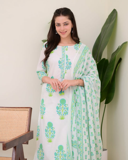 Floral Cotton Kurti Set with Palazzo & Dupatta