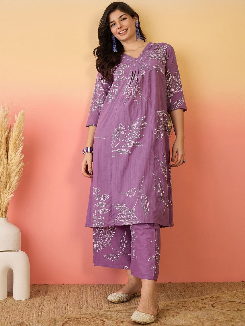 Pure Cotton Kurta Set with Moti Handwork & Discharge Print