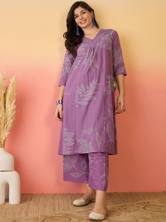 Pure Cotton Kurta Set with Moti Handwork & Discharge Print